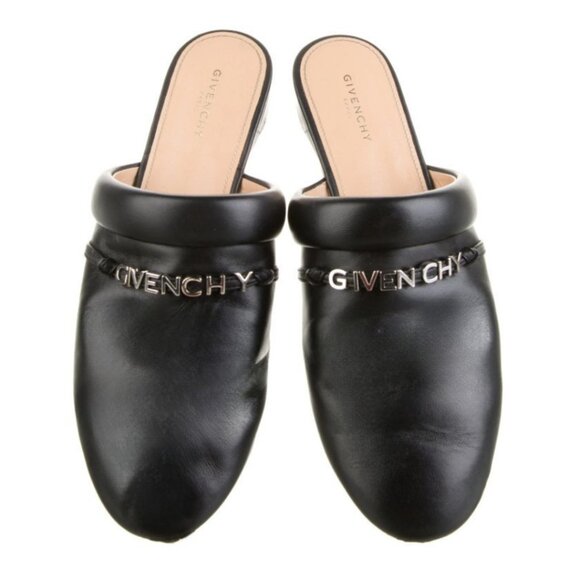 🖤Givenchy Black Leather Mules with Metal Logo Chain Detail - Picture 1 of 9